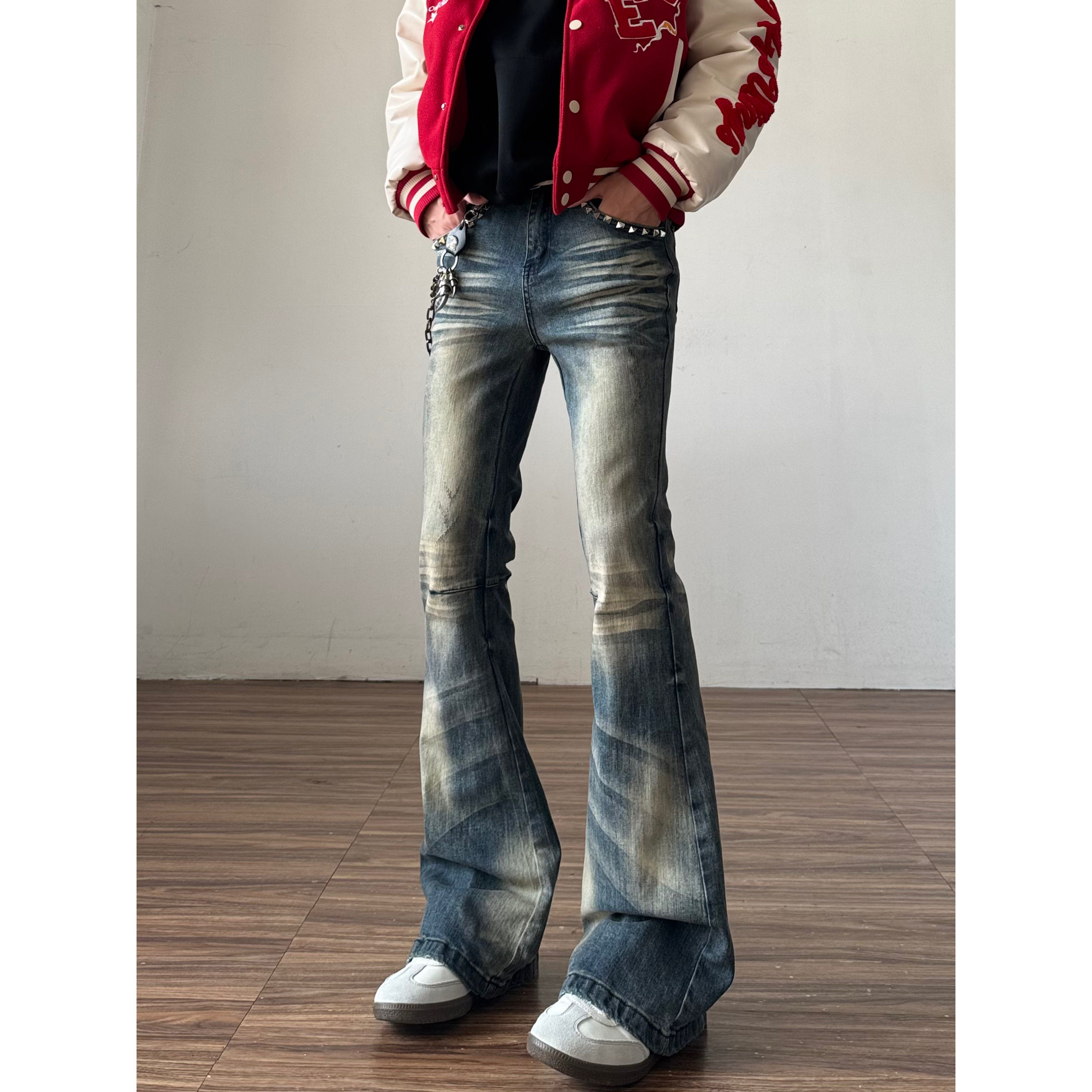 蛇纹拼接vibe铆钉修身微喇牛仔裤男美式高街蓝色直筒喇叭弹力裤子