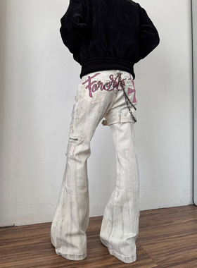 美式高街刺绣vibe绑带微喇牛仔裤男设计感小众修身喇叭白色裤子女
