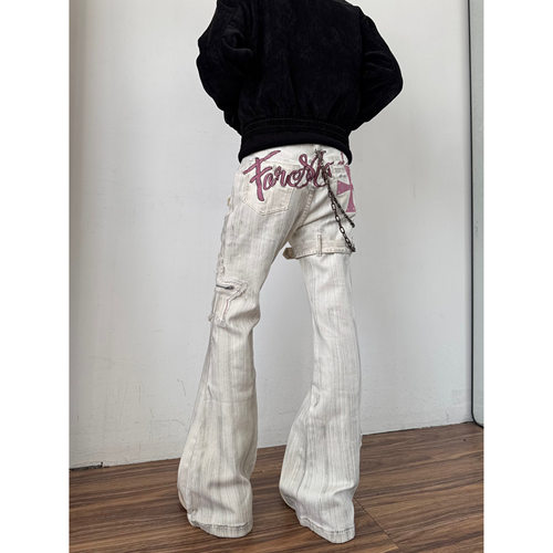 美式高街刺绣绑带微喇牛仔裤