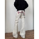 喇叭白色裤 男设计感小众修身 子女 高街刺绣vibe绑带微喇牛仔裤 美式
