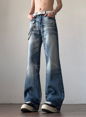 复古水洗蓝色微喇牛仔裤男版型好看的新款美式高街直筒裤子秋冬