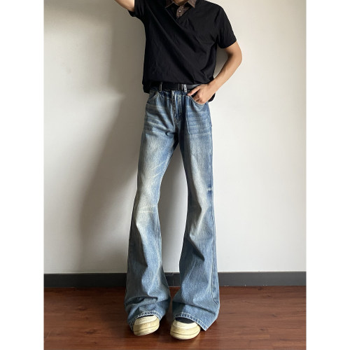 fkcc蓝色微喇牛仔裤男cleanfit潮牌美式复古宽松阔腿休闲裤子长裤