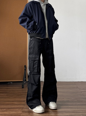 秋冬黑色褶皱微喇工装裤男美式vibe高街直筒长裤加绒加厚冲锋裤子
