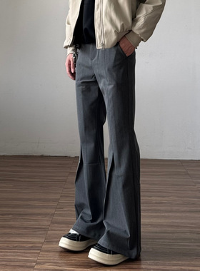 高级感灰色微喇西裤男美式高街TR垂坠感直筒修身痞帅褶皱喇叭裤子