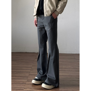男美式 子男款 垂坠感直筒修身 裤 褶皱喇叭西装 tr高级感灰色微喇西裤