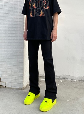 qtstudio黑色弯刀微喇牛仔裤男美式高街vibe风修身显瘦裤子夏季