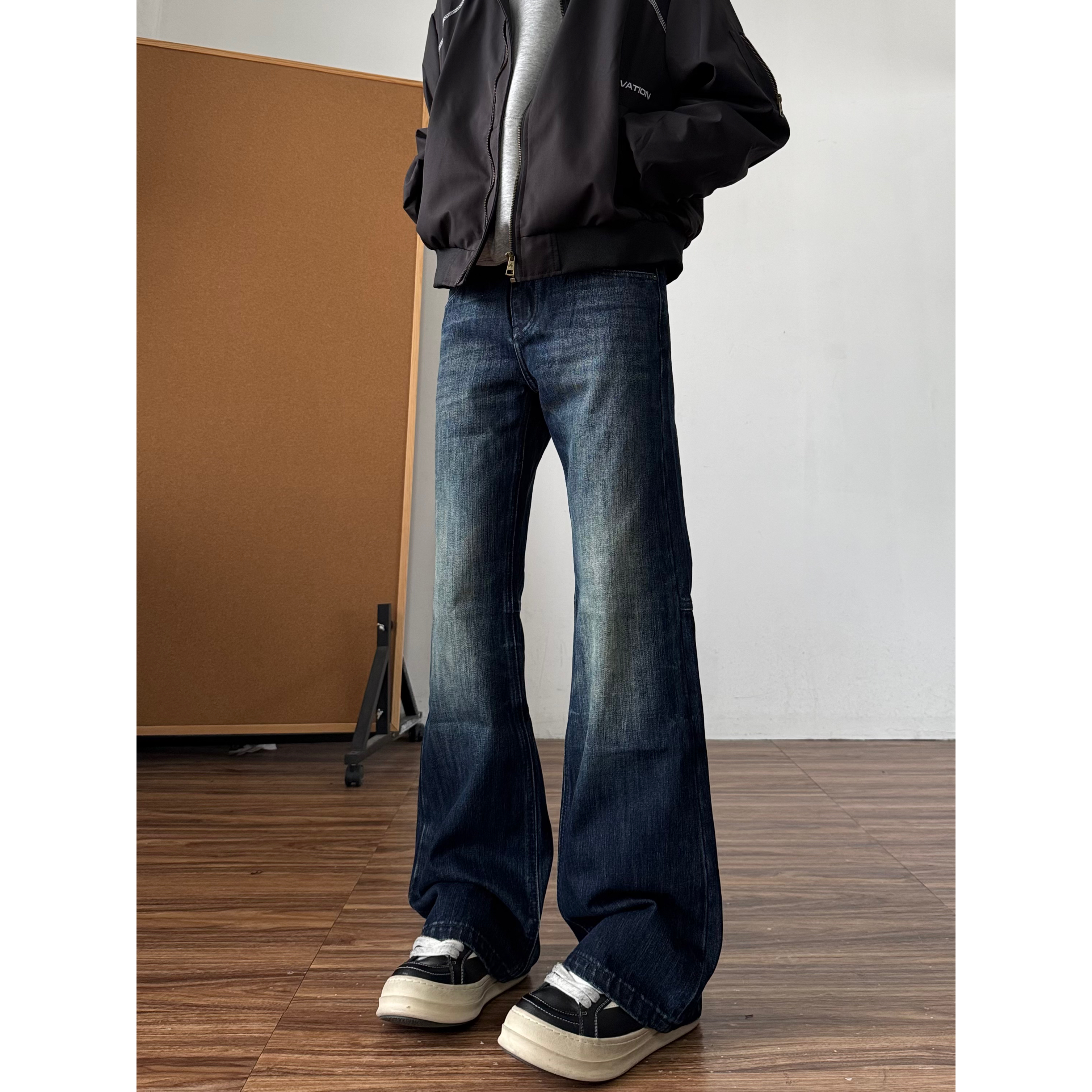 美式水洗猫须深蓝色竹节纹牛仔裤