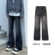 高街宽松直筒显瘦复古裤 男女潮牌美式 子 黑色竹节纹微喇牛仔裤 秋季