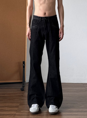 美式刺绣丹宁原牛微喇牛仔裤男cleanfit直筒修身黑色显瘦裤子秋冬