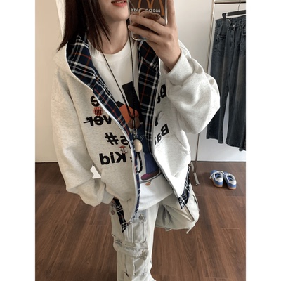 阿宁假两件连帽卫衣外套女秋冬美式大码加绒加厚情侣上衣春季新款