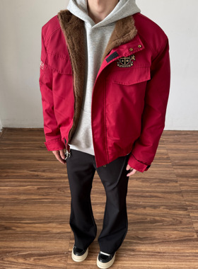 冬季美式复古红色刺绣勋章座山雕男小众加棉加厚保暖棉衣棉服外套