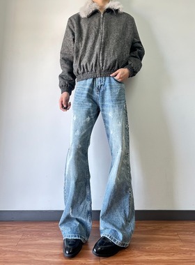 美式水洗蓝色铆钉微喇牛仔裤男高街设计感小众宽松直筒裤子女秋冬