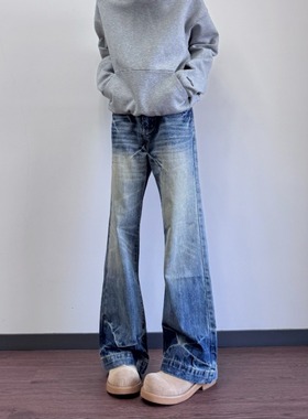 美式cleanfit蓝色闪电微喇牛仔裤男2025新款水洗直筒显瘦裤子秋季