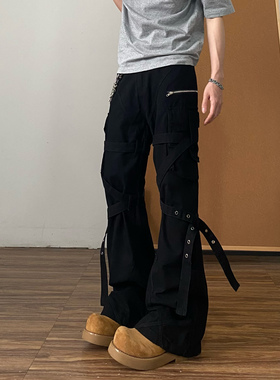 vujadeqtstudio黑色绑带微喇牛仔工装裤男美式高街直筒vibe裤子