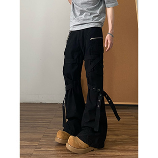 vujadeqtstudio黑色绑带微喇牛仔工装裤男美式高街直筒vibe裤子