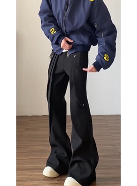 黑色微喇西裤男美式高街cleanfit直筒高个子加长垂感喇叭裤子秋季