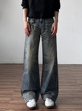 2021M水洗做旧猫须牛仔裤男美式复古蓝色重磅宽松直筒微喇裤子女