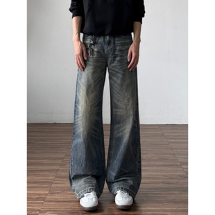 子女 复古蓝色重磅宽松直筒微喇裤 2021M水洗做旧猫须牛仔裤 男美式