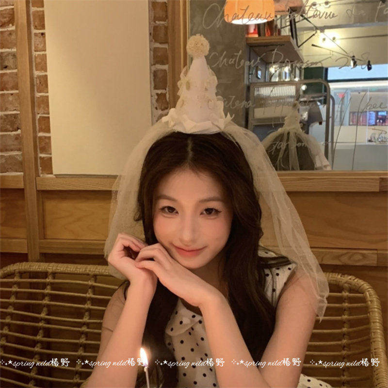 韩系氛围感蝴蝶头纱生日帽发夹女高级感甜美生日拍照道具头饰百搭