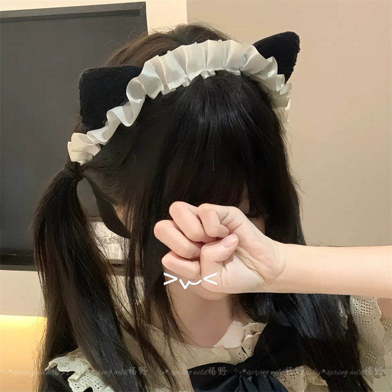 日系可爱黑白猫咪女仆发箍软妹猫耳朵lolita蕾丝头箍甜美拍照发饰