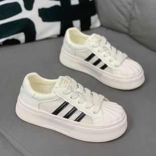 百搭简约镂空网面透气厚底休闲鞋 新款 女2025夏季 真皮贝壳头板鞋