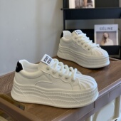 女2025秋季 新款 百搭韩版 贝壳头板鞋 轻便增高厚底系带踩屎感小白鞋