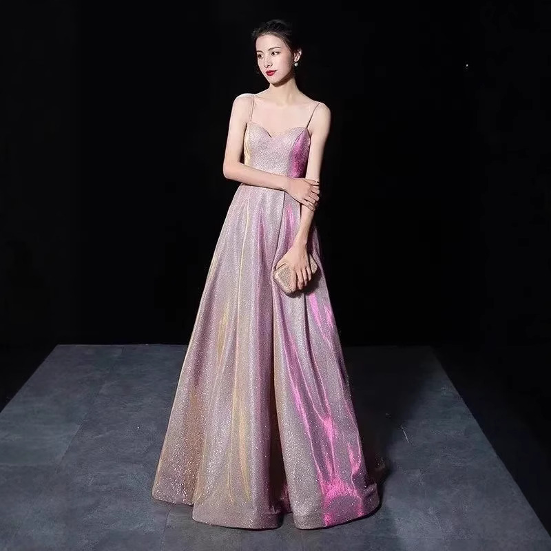 2025欧美外贸新款女士吊带露背性感闪光深V晚会宴会晚礼服连衣裙