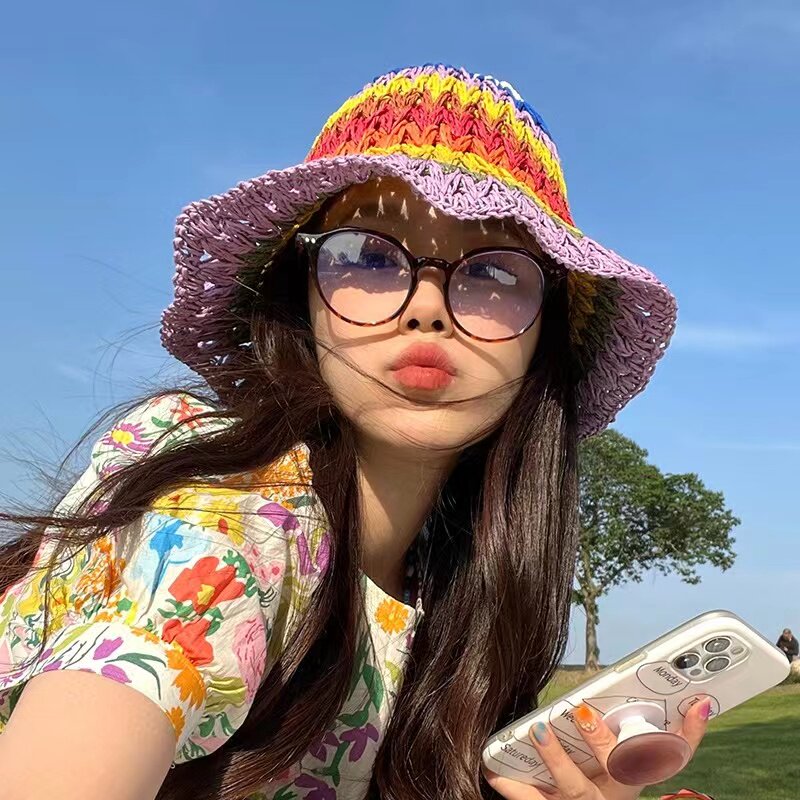 ins泫雅彩虹草帽女夏天沙滩海边度假出游遮阳渔夫帽折叠水桶盆帽