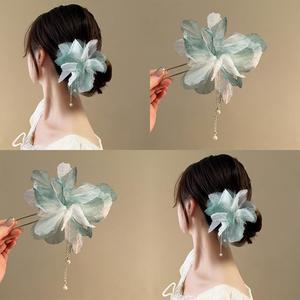 薄荷奶绿雪纺花朵珍珠发