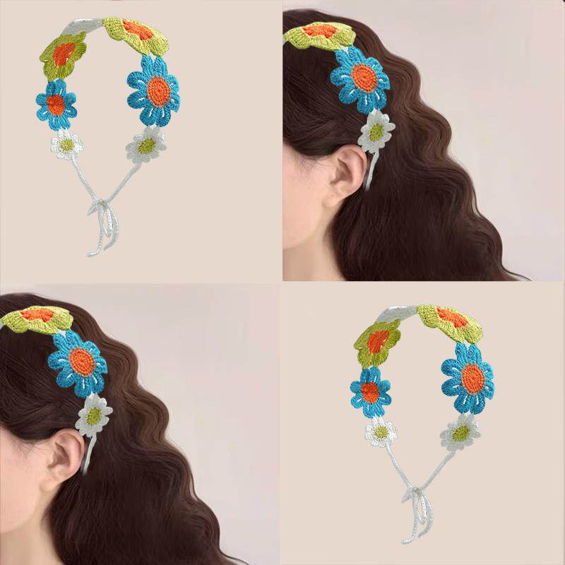 春夏韩版时尚针织钩花镂空三角巾女甜美可爱少女风花朵头巾发带潮