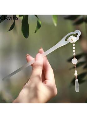 古风步摇流苏簪子汉服旗袍盘发挽发配饰醋酸仿玉发簪冰透新中式