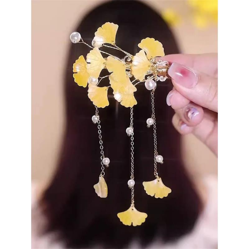银杏叶天然贝壳流苏发夹