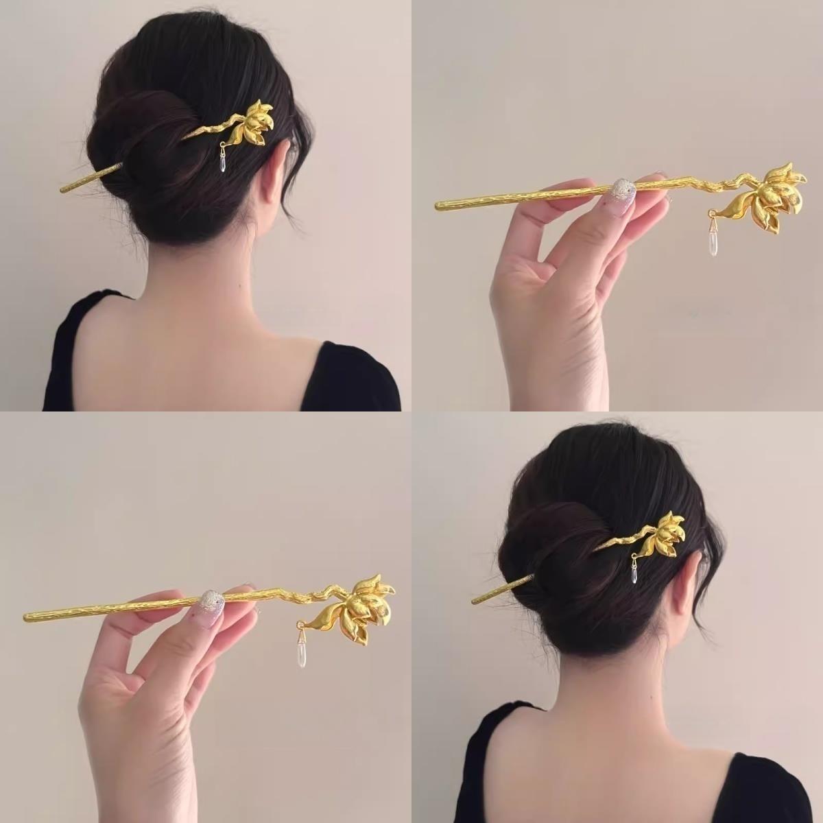 古法金色水晶莲花发簪女荷花簪子新中式国风复古汉服马面裙盘发饰