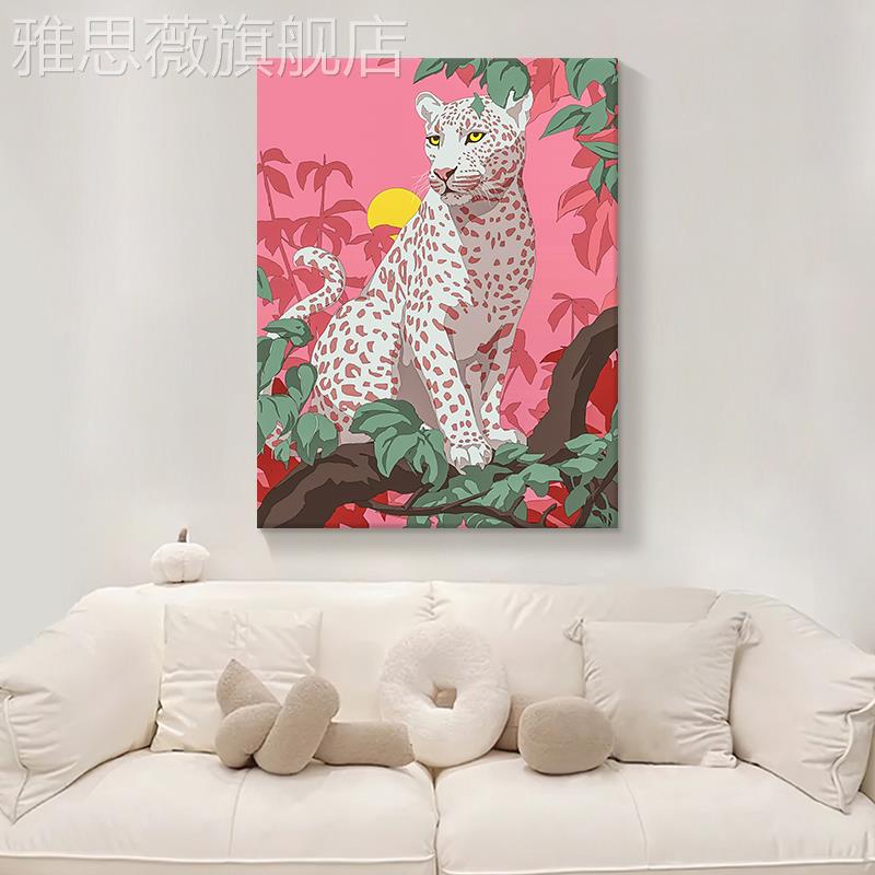 网红波普动物客装饰粉红色厅金画钱豹纯手绘油玄关挂画画无风边框图片