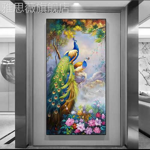 网红孔玄关挂廊装饰画背现代轻奢客厅入户走景雀墙画竖版玄幻过道