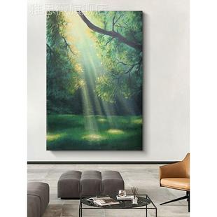 网红丁达尔效应手绘油画客厅绿色森林风装饰画景玄关晨曦阳光挂普