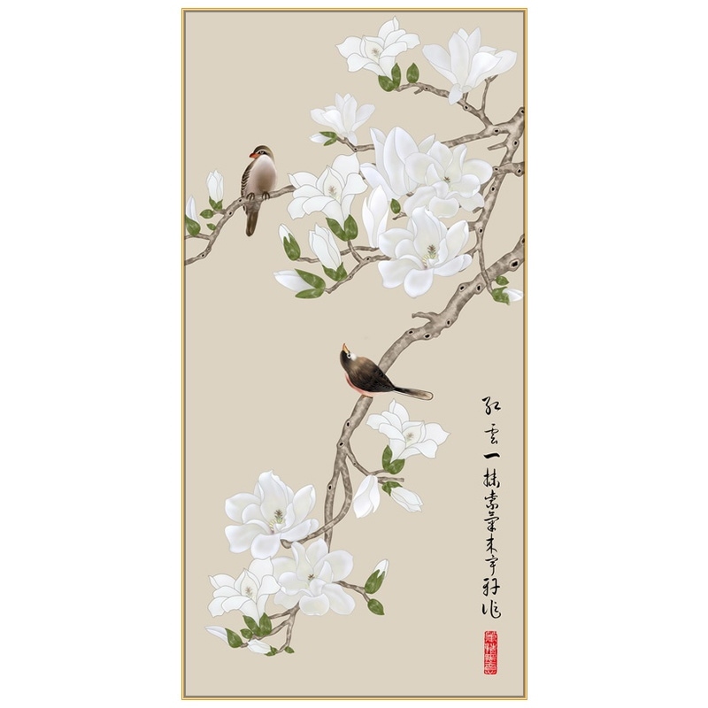 定制网红新中式玄关装饰画玉兰花工笔画花鸟壁画玄幻过道竖版走廊图片