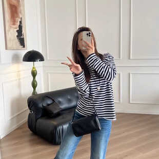 T海魂衫 海军蓝条纹宽松圆领长袖 学院派~减龄穿搭 25秋冬新款