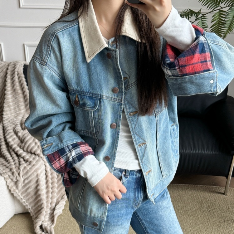 复古红格撞色牛仔外套