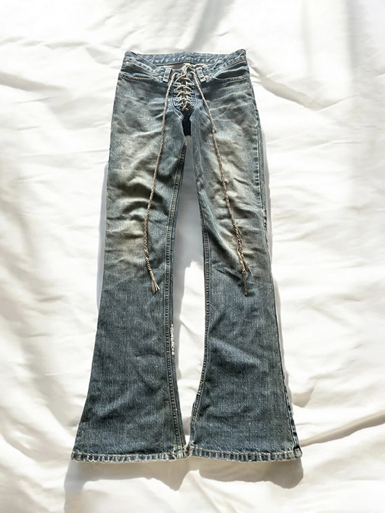 thumbnail for Ifsixwasnine Pioneer Vision Wash Hole Micro Horn Drawstring Lace-up Jean Pants