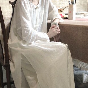 速发子合青末~意中式禅新棉麻套装白色盘扣茶服开衫阔腿裙裤两件
