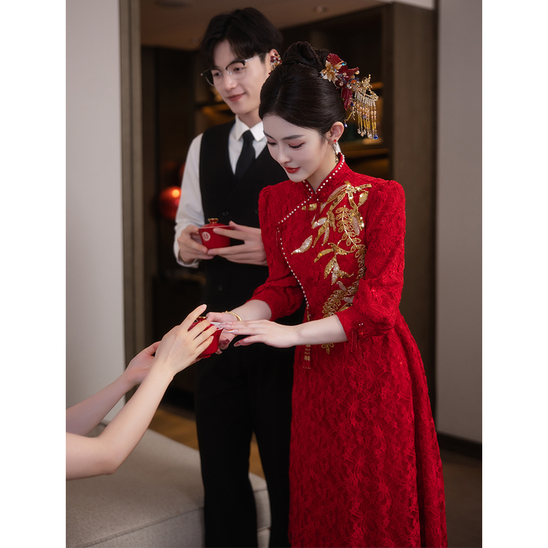 速发大色结婚旗袍敬酒服新娘小个子新中式码婚礼服裙回门便装红订