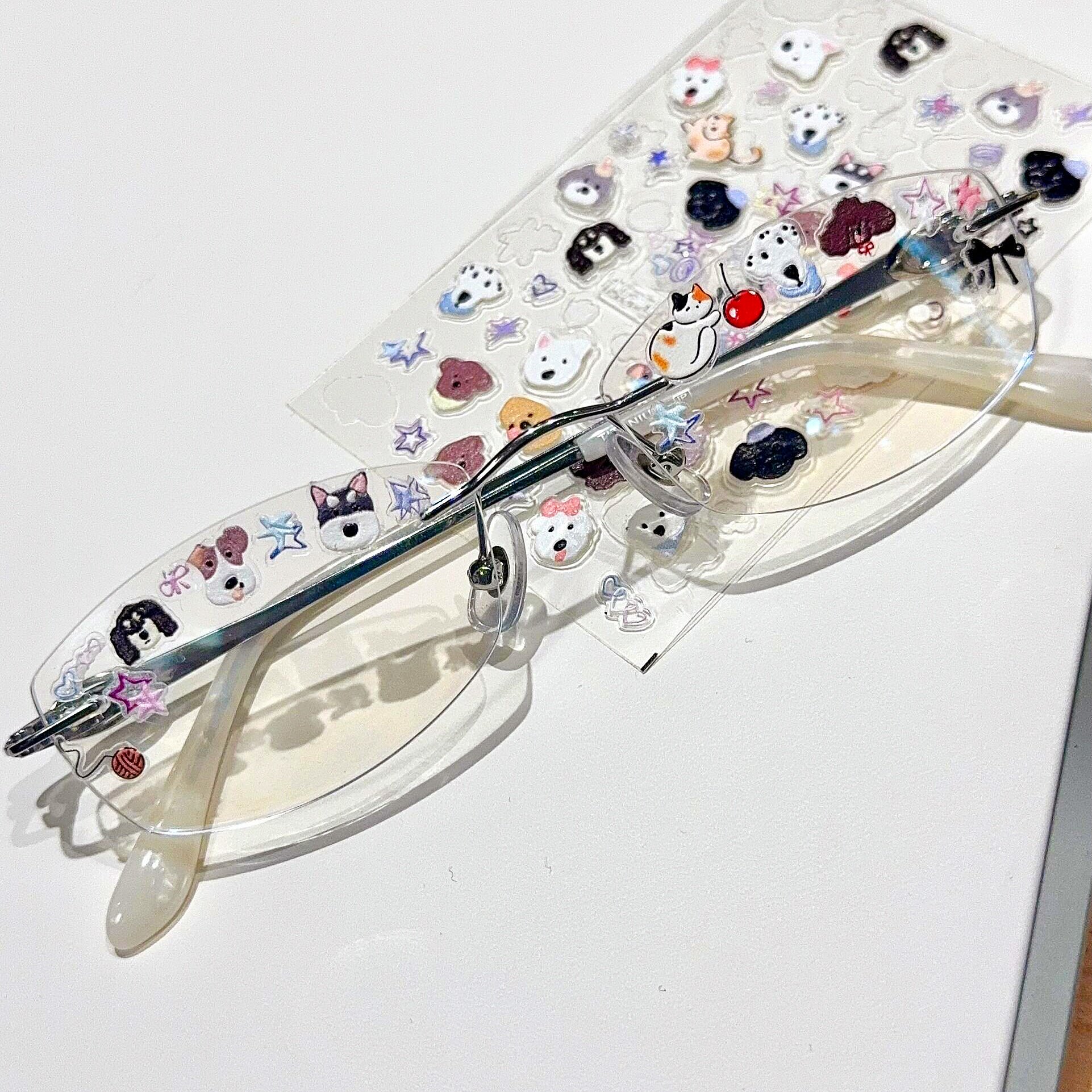 鬼马少女ins风眼镜贴纸爱心狗狗可爱猫咪眼镜镜片3d浮雕立体贴纸