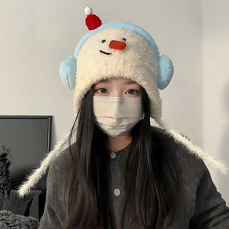 耳机雪人护耳帽冬季毛绒系带毛线帽子女款加厚儿童防风保暖成人帽