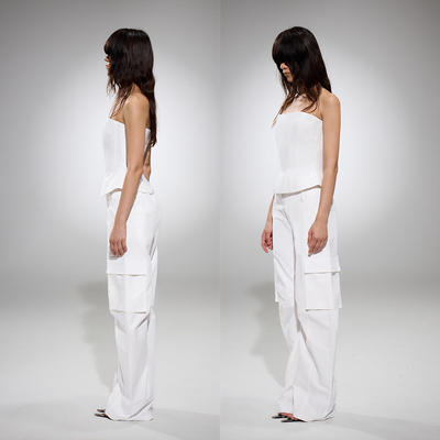 Aeaea弯刀弧形打褶工装裤