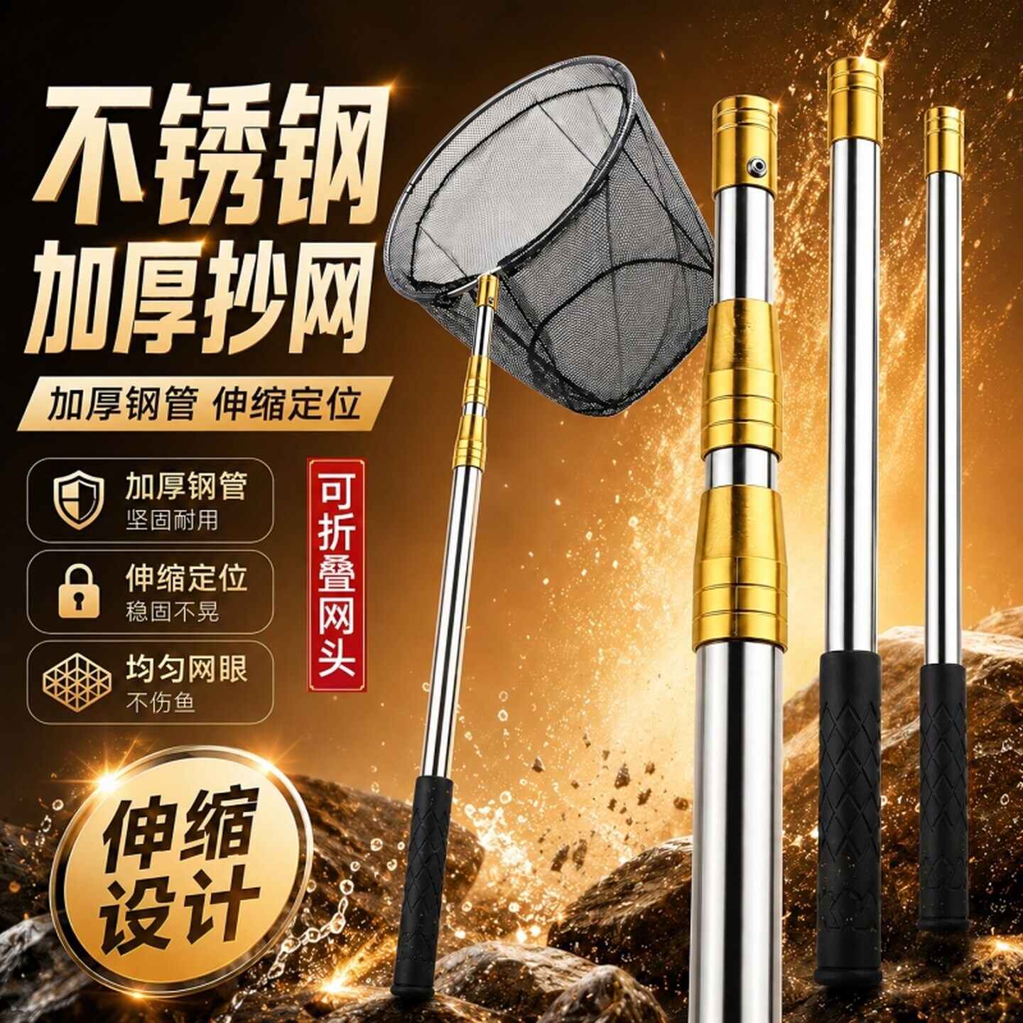 抄网竿全套不锈钢伸缩杆渔网捞小鱼网兜钓鱼农具裸杆鱼具用品配件