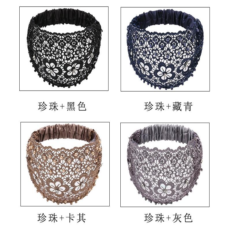 回族帽子镂空钉珠发带女宽边蕾丝珍珠头巾薄款遮白发弹力头套洗脸