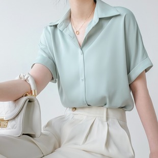 2023新款 女设计感纯色宽松日系夏垂感质感上衣小个子衬衣 短袖 衬衫