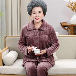 珊瑚绒冬天中老年人妈妈加绒套装 老人奶奶睡衣女法兰绒宽松秋冬季
