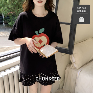 可外穿可爱甜美风 带胸垫睡衣女夏短袖 短裤 新款 卡通夏天家居服套装